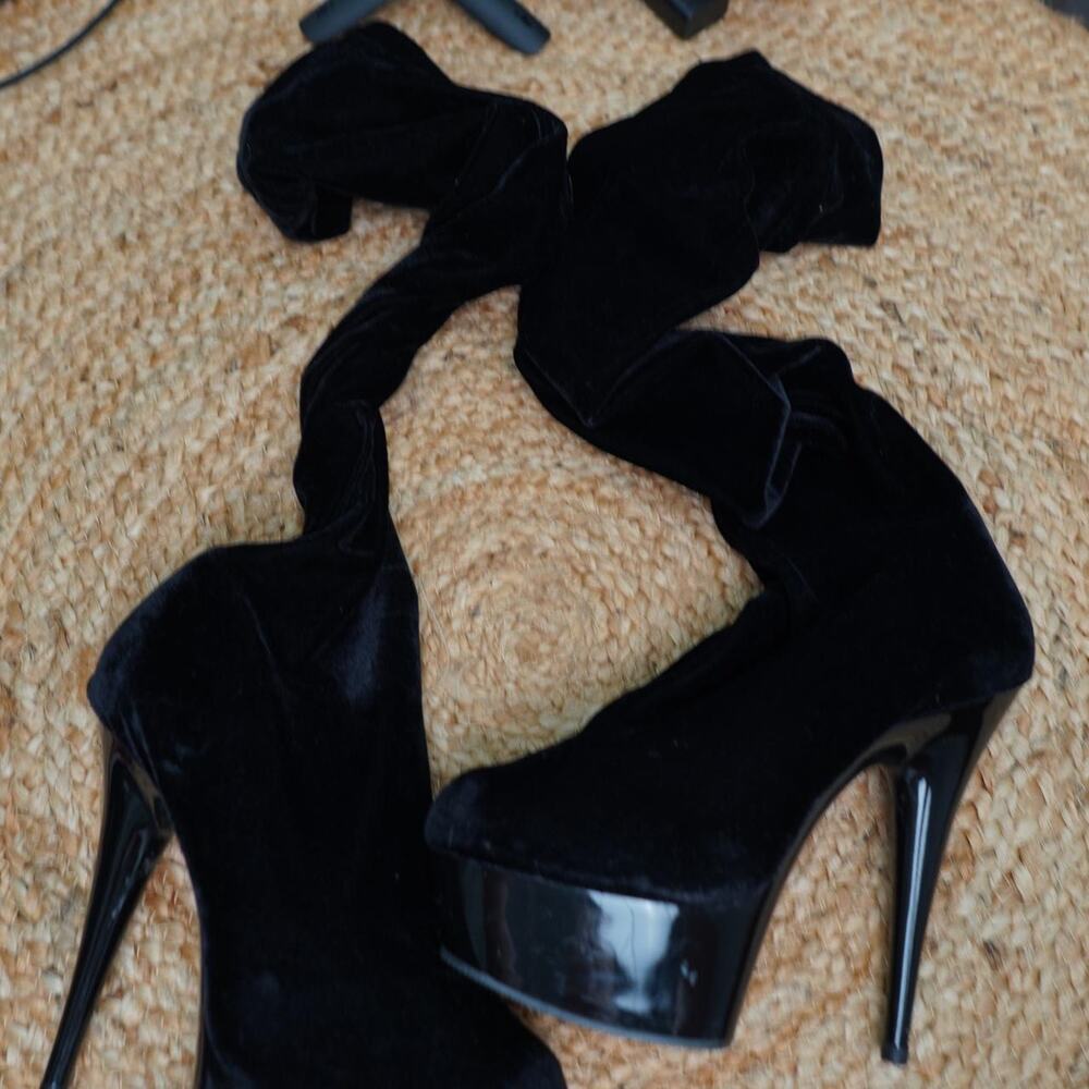 Black Velvet Thigh High Platform Boots 9